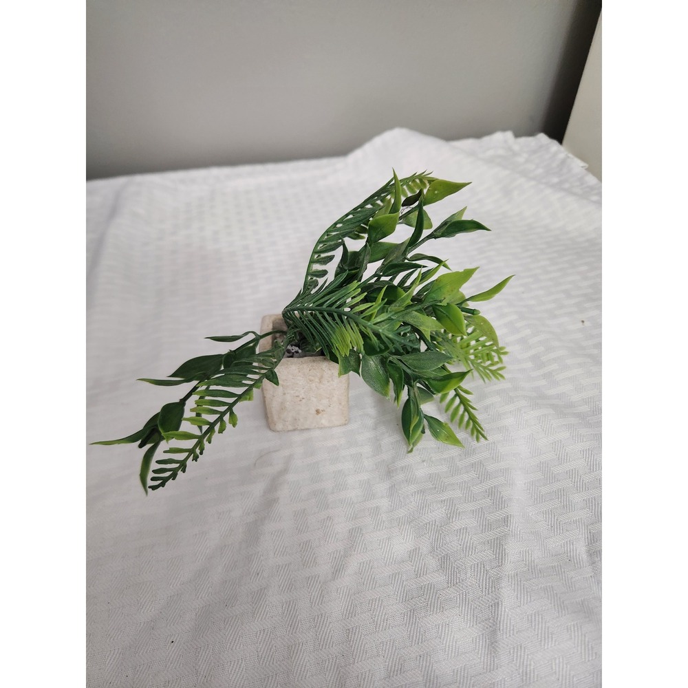 Small‎ Artificial Green Foliage Plant in Square Stone Look Pot Faux Greenery